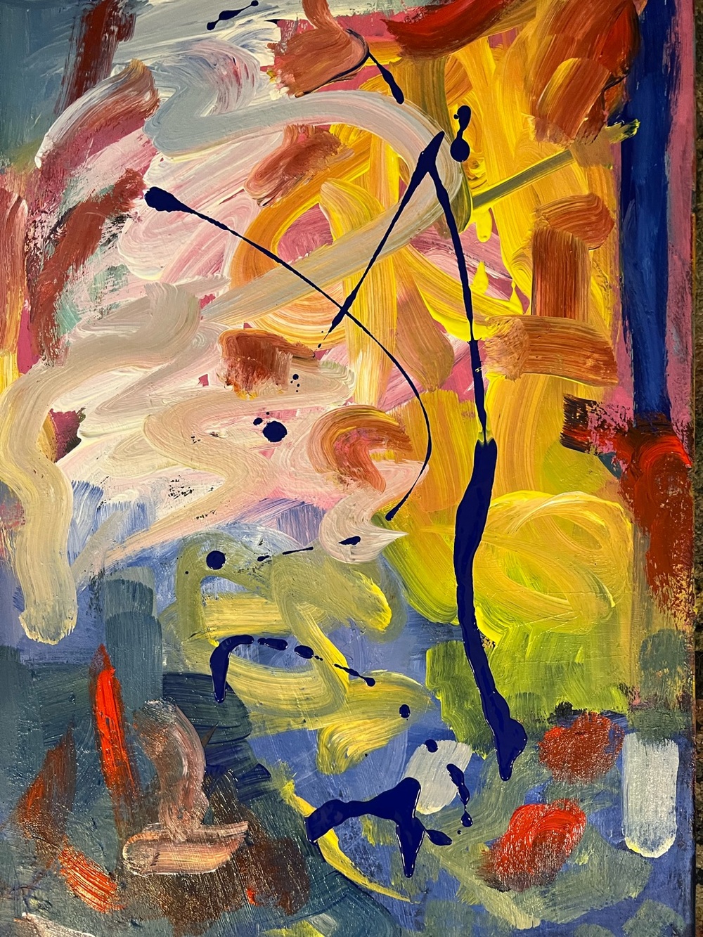 Abstract Home Art Painting in Yellow, Blue, Pink